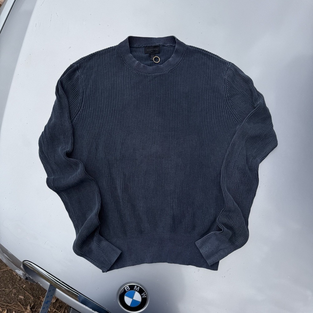 Magashoni Tight Knit Metallic Faded Blue Crew Neck Sweater 100% Cotton Simple